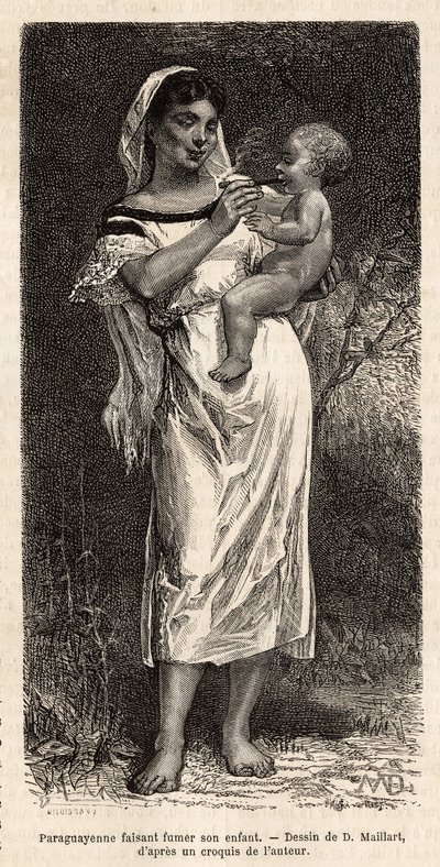 Mulher Guaranie fumando o charuto para seu filho, montada no quadril, para tentar apaziguar seus gritos, gravando depois do desenho de D.Maillart, ilustrando a viagem ao Paraguai em 1872-1873, de L.Forgues, publicado em "Le tour du monde" 1874, editado por de French School