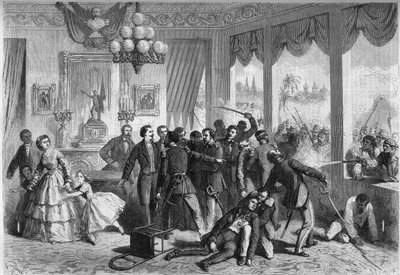 Guerra Espanha-Sul-Americana - Lima (Peru) - 5 de Fevereiro de 1865 : os espanhóis feridos e perseguidos pela população da cidade refugiam-se na legação francesa. Gravura em "Le Monde Illustre" n°421 de 6 de maio de 1865. de French School