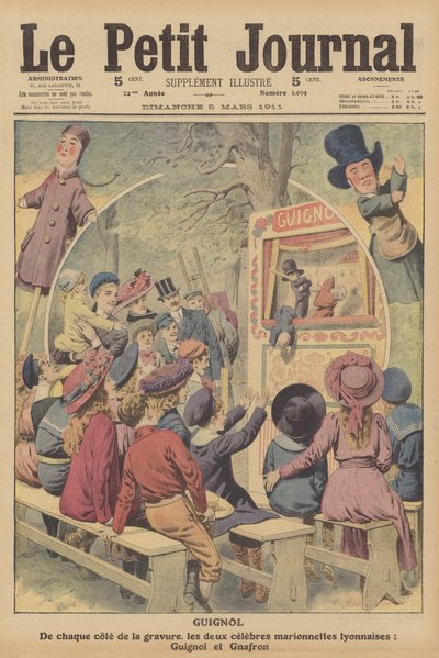 Guignol e Gnafron, famosas marionetas francesas de um espetáculo de Lyon (litografia a cores) de French School