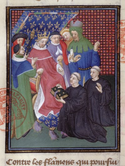 Guillaume de Nangis (d.1300 ou 1303) apresenta seu livro a Philippe IV le Bel, rei da França de 1285-1314 (vellum) (detalhe de 239257) de French School