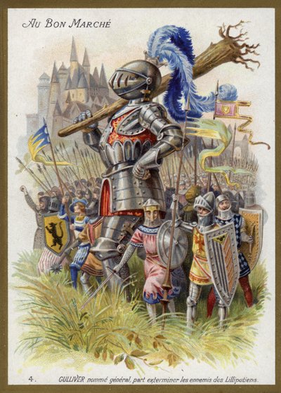 O Gulliver, nomeado general, propõe-se a exterminar os inimigos dos liliputianos (chromolitho) de French School
