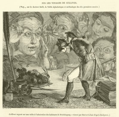Gulliver exibido em uma mesa para a admiração dos habitantes de Brobdingnag (gravura) de French School