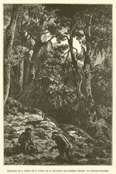 Habitantes da Grécia, Suíça, Provença, nos primeiros séculos da época do Plioceno (gravura) de French School