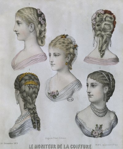 Penteados, ilustração de The Hairstylist, 10 de dezembro de 1879 (gravura a cores) de French School