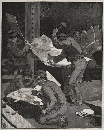 Martelagem e montagem de peças da Estátua da Liberdade feita por Frederic Auguste Bartholdi (1834-1905). Gravura a partir de 1880 em "Les arts et metiers illustres" de Adolphe BITARD. de French School