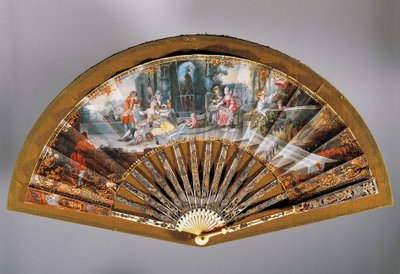 Ventilador manual com cena de café da manhã ao ar livre, ventilador de papel pintado, pau de guarda em marfim perfurado e damascado com ouro e prata de French School