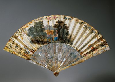 Ventilador de mão com alegorias de quatro estações, folha de pele de cabra e costelas de madrepérola de French School