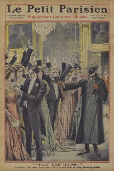 Mãos para cima! Um ladrão audacioso que alivia os convidados de um baile da sociedade em Chicago das suas jóias (cor litho) de French School