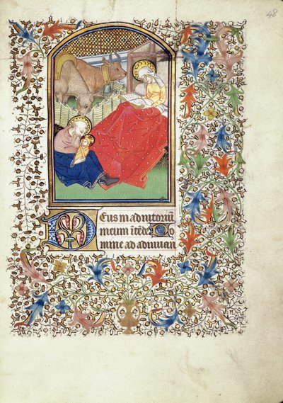 Manuscrito 69 f.48r, Nascimento de Jesus, do Livro de Horas do "Mestre de Jacques de Besançon". de French School