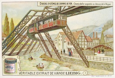 Trem pendurado no rio Wupper, cartão de publicidade promocional para Veritable Extrait de Viande Liebig de French School