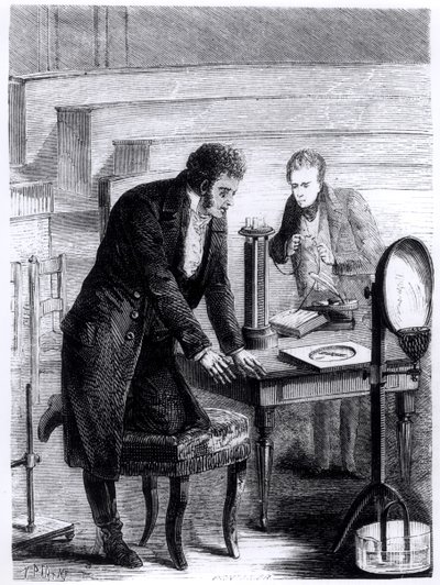 Hans Christian Oersted (1777-1851) descobrindo o desvio da agulha magnética por corrente fechada em 1820, de Les Merveilles de la Science por Louis Figuier (1819-94), 1867 de French School