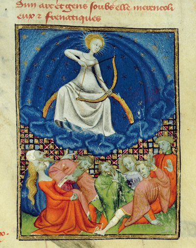 Harl 4431 f.101 Diana e seus seguidores, lunáticos (Adoradores da Lua), cópia parisiense, c.1410-15 de French School