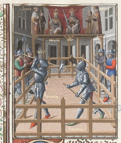 Harley 4375 f.171v, Dois cavaleiros lutando com pollaxes, de 