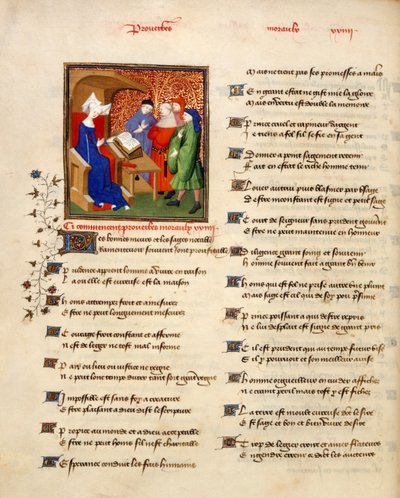Harley 4431 volume II, f.259v Miniatura de uma mulher lendo provérbios morais no início dos 