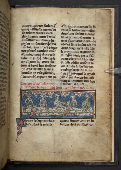 Harley 4979, f.78 Alexandre recebendo veneno de Jobas durante um banquete.  , de 