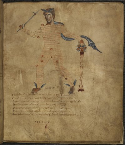 Harley 647, f.4 Ilustração de Perseu, um herói da mitologia grega, com a cabeça da Medusa de pêlo de serpente, com texto ou erudição dentro da figura da constelação, de 