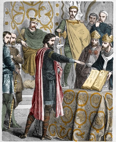 Haroldo II (1020-1066), último rei anglo-saxão coroas em 1064, jurou sobre as relíquias sagradas perante Guilherme I o Conquistador para apoiar a sua causa no trono da Inglaterra na morte de Eduardo, o confessor. de French School