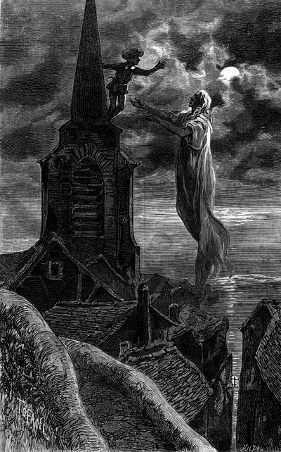Ele apareceu na torre do sino da igreja. Gravura ilustrando o romance "Fogo e Chama" de Zenaide Fleuriot. Em "Le Journal de la jeunesse". de French School