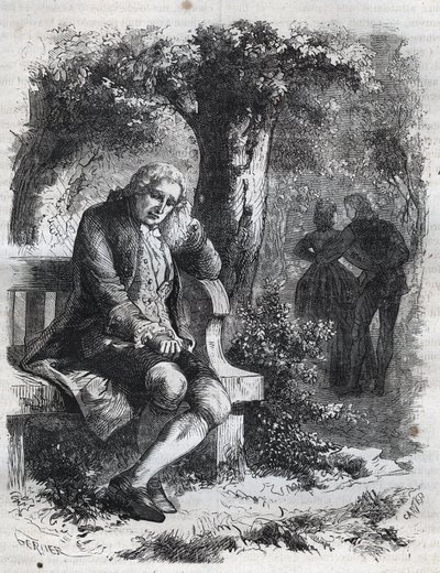 Ele ouviu o sussurro de um beijo." O filósofo suíço Jean Jacques (Jean-Jacques) Rousseau (1712-1778) surpreende a sua companheira Marie-Therese (Marie Therese) Le Vasseur (Levasseur) (1721-1801) em pleno adultério. Gravura de 1871 em "Histoire Des Cocuses de French School