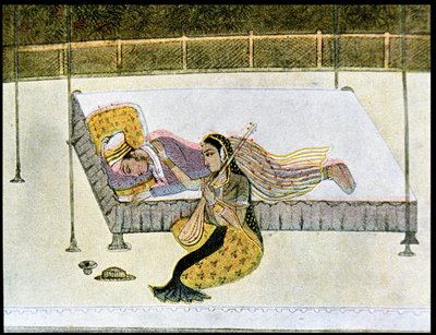 Ele não é nada sem música, ilustração para The Arabian Nights, 1895 (gravura a cores) de French School