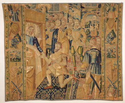 Henri III (1551-89) de Valois dando as insígnias de poder a Henri III (1553-1610) de Bourbon de French School