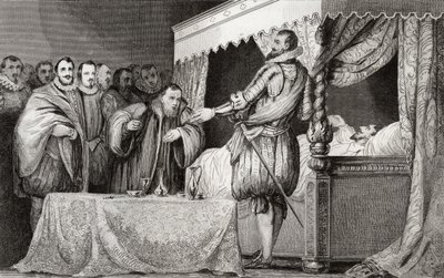 Henri III (1551-89) nomeia Bearnais (1553-1610) como seu sucessor, de &39;Histoire de France&39; por Colart, publicado em 1840. de French School