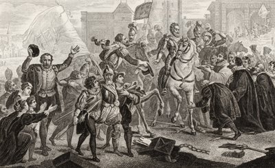 Henri IV (1553-1610) entra em Paris em 1594, de &39;Histoire de France&39; por Colart, publicado em 1840 de French School