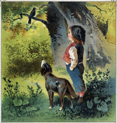 Henri observa um melro num ramo da floresta, voltando à sua vida se ele fosse um pássaro. Cromolitografia de "Childhood Scenes" ed. Guerin - Muller por volta de 1885. de French School
