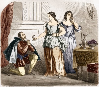 Henrique IV (1553-1610), rei da França sendo servido por mulheres semi-nuas. Gravação em "A história da prostituição e do deboche entre todos os povos do mundo desde a antiguidade até os dias de hoje" pelo Dr. Th. -F. Debray. 1879. de French School