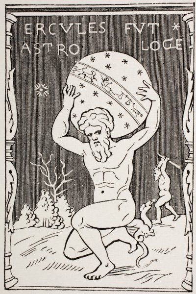 Hércules segurando o mundo de costas enquanto Atlas recolhe as maçãs das Hespérides, de &39;Les Arts au Moyen Age&39;, publicado em 1873 de French School
