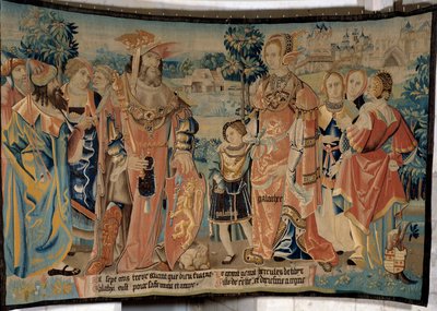 Hércules da Líbia com sua esposa Galathee e seu filho Galathes cercado por seus cortesãos em frente à cidade de Alexia, em 1713 a.C. Tapeçaria de "A fabulosa história dos Gauleses", feita pela oficina de Arras. 1530 Beauvais, museu departamental de Th de French School