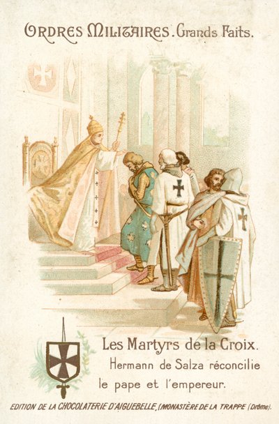 Hermann von Salza, Grão Mestre dos Cavaleiros Teutónicos, traz uma reconciliação entre o Papa Gregório IX e o Imperador Frederico II de French School
