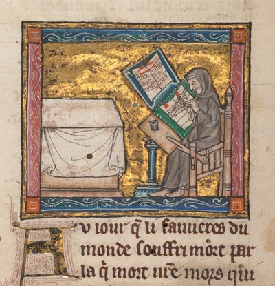Escrita de eremita numa secretária, miniatura de "Estoire del Saint Graal, La Queste del Saint Graal, Morte Artu", c.1315-25 (tinta sobre pergaminho) de French School