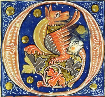 O inicial de Historiated que descreve um griffin voado de French School