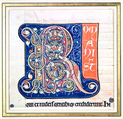 "R" inicial historiada representando um padrão de entrelaçamento com animais fantásticos, da Bíblia de Saint-Andre aux-Bois de French School