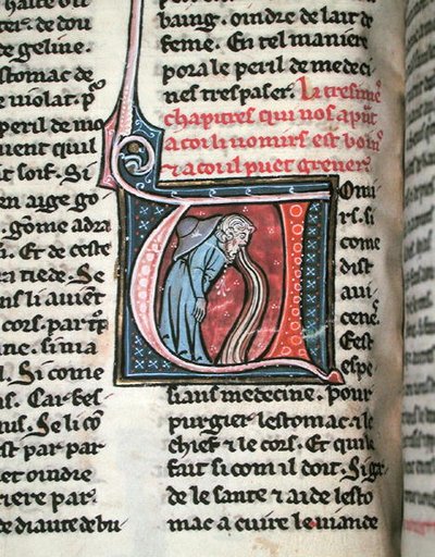 Historia inicial retratando um homem vomitando (vellum) de French School