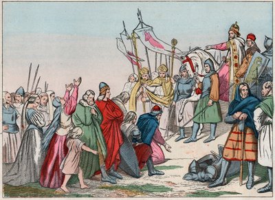 História da Gália na Idade Média: Saxões alemães ajoelhados diante do rei Carlos Magno (742 - 814), vencedor das guerras - Gravura do final do século XIX em "Nossas Glórias Nacionais - Imagens e recitais". de French School