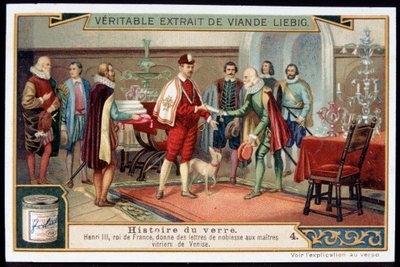 História do Vidro: Henrique III (1551-1589) Rei da França dá cartas de nobreza aos mestres vidraceiros de Veneza. Cromolitografia do final do século XIX. de French School