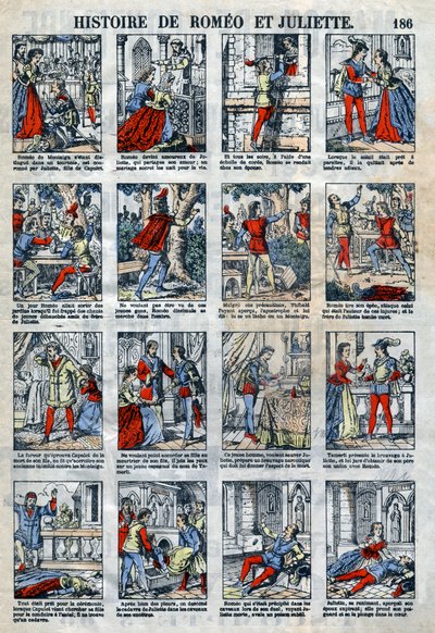 História de Romeu e Julieta após a peça de William Shakespeare (1564-1616). Imagens epinais do final do século XIX. de French School