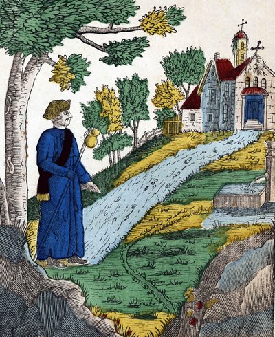 História dos quatro filhos Aymon; Maugis, depois de ter feito de Carlos Magno um prisioneiro, foi a um eremitério para ali fazer penitência, imagem de uma espinha dorsal do século XIX. de French School