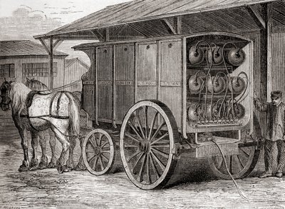 Veículo puxado a cavalo utilizado para transportar gás comprimido em recipientes portáteis no século XIX, de Les Merveilles de la Science, publicado c.1870 (gravura) de French School