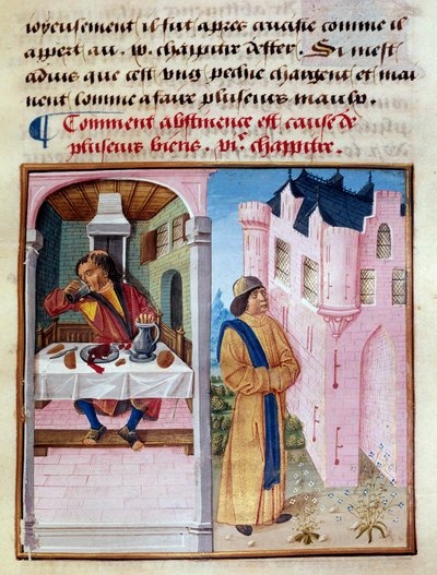 Como a abstinência é a causa de muitos bens: à esquerda, um homem que bebe com avareza e com excessos e, à direita, um homem sóbrio que alimenta a virtude e domina a carne. Miniatura de "Le livre de bonnes moreurs de Jacques Legrand" de French School