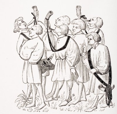 Como gritar e soprar cornos, depois de uma miniatura no século XV Manuscrito de Febo, de &39;Le Moyen Age et La Renaissance&39;, de Paul Lacroix (1806-84), publicado em 1847 de French School