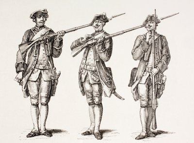 Como carregar um mosquete, de um livro de instruções francês de 1776, de "XVIII Siècle Institutions, Usages et Costumes", publicado em 1875 de French School