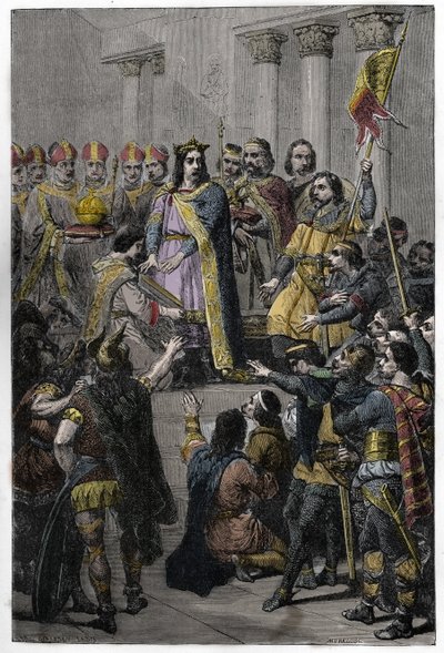 Hugh Capet eleito Rei - Coroação de Hugues Capet (ca. 941-996), Rei de França, 3 de julho de 987 em Noyon, por Adalberon (ca. 925-990), arquebactéria de Reims. de French School