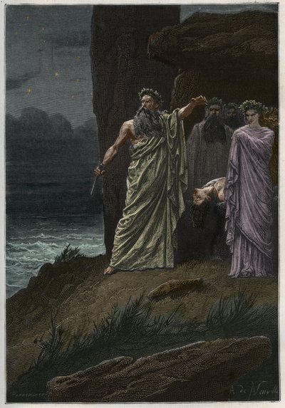 O sacrifício humano pelo druida depois de Alphonse de Neuville - Druidas oferecendo sacrifícios humanos - gravura de "L