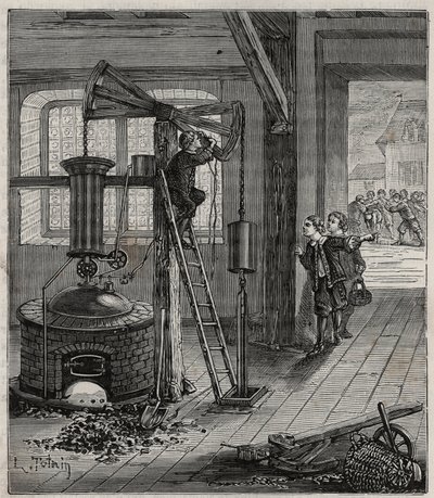 Humphrey Potter, encarregado de abrir e fechar as válvulas da máquina de Thomas Newcomen, fê-lo funcionar sem assistência, colocando correctamente cordas e butees para abrir e fechar as válvulas. de French School
