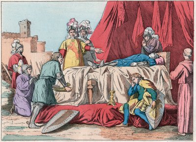 Guerra dos Cem Anos: "La mort de Bernard du Guesclin (1320-1380) devant Chateauneuf de Randon le 13/07/1380" - Morte de Duguesclin (durante o cerco de Chateauneuf-de-Randon em 13 de Julho de 1380) - Gravura do final do século XIX em "Nos Gires de French School