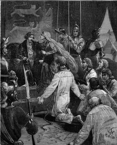 Guerra dos Cem Anos. Os burgueses de Calais: devoção de Eustáquio de São Pedro e seus companheiros ao rei Eduardo III de Inglaterra imploram sua graça, apoiados pela rainha Philippa de Hainaut (1311-1369). de French School