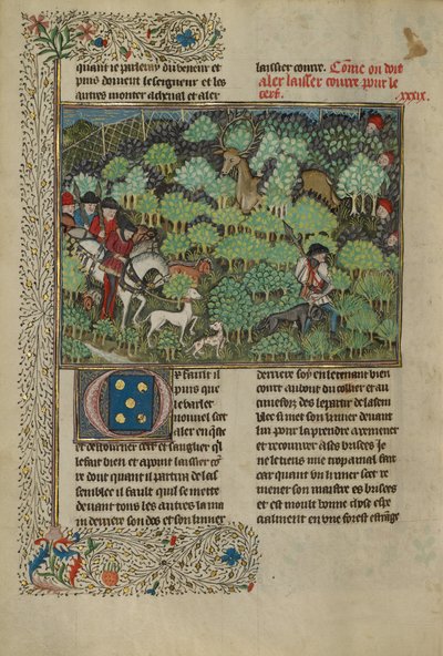 Caçadores perseguindo um veado, c.1430-40 (têmpera, tinta dourada, tinta prateada e folha de ouro) de French School